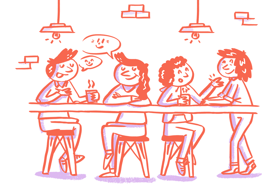 Illustration of people sat chatting in a coffee shop