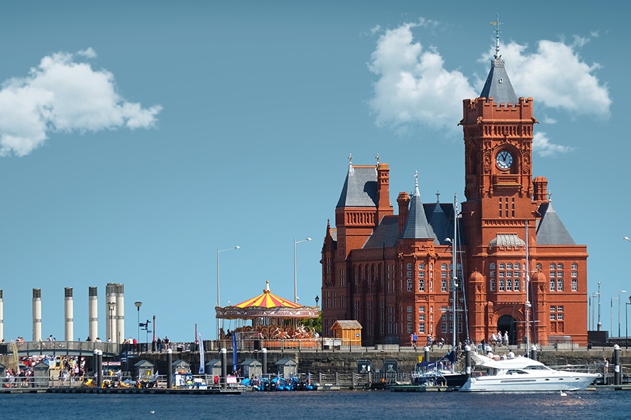 Picture of Cardiff Bay taken from the Water, showing it without the Wales Millenium Centrer