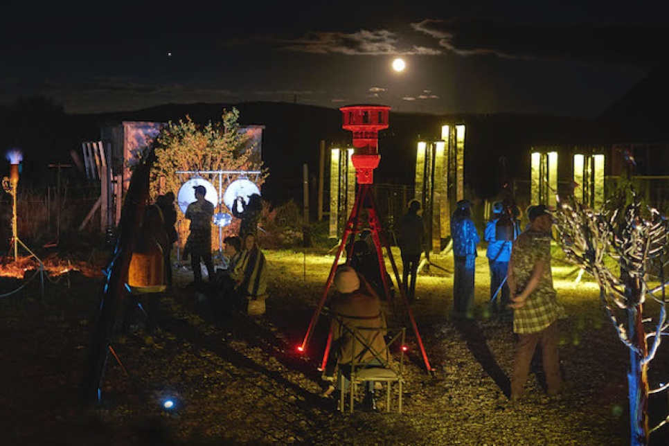 A circle of beautiful, strange and intriguing musical sculptures play a live composition to people walking amongst them in the dark under the light of the moon. 