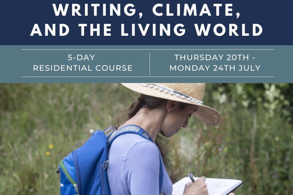Writing, Climate and the Living world poster with an image of a walker writing in a notebook