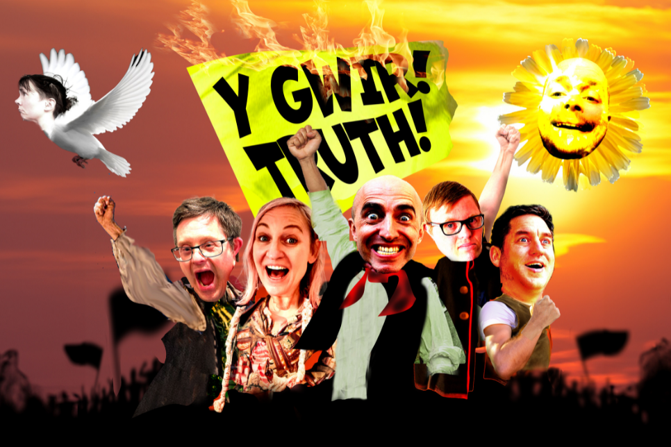 Show image for new outdoor production Y Gwir - Truth. Five people stand defiantly under a yellow flag that reads 'Y Gwir', with their fists in the air. In the sunset sky there is a flower and a dove, both with human faces. 