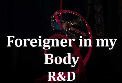 Image of circus artist doing aerial ribbons act. ‘Foreigner in my Body R&D’ is written across the image / Delwedd o artist syrcas yn gwneud act ‘aerial ribbons’. Mae ‘Foreigner in my Body R&D’ wedi ei ysgrifennu ar draws y ddelwedd