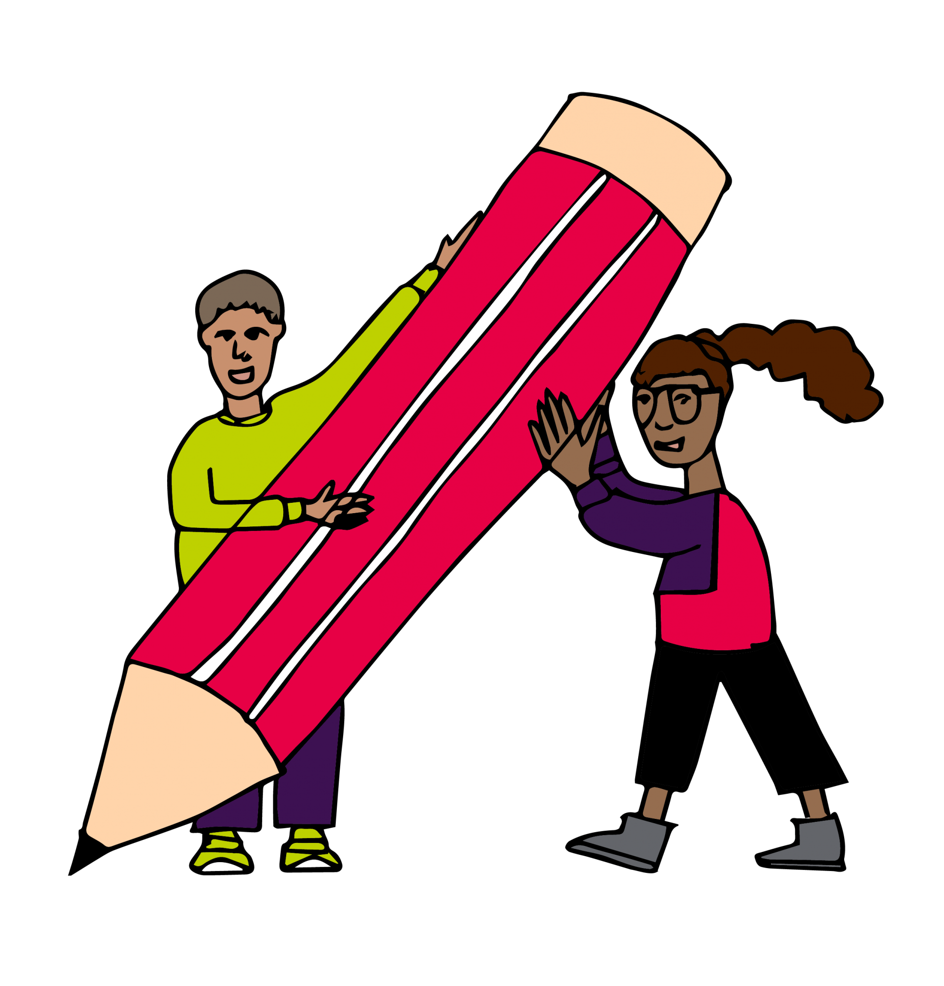 illustration of two people with large pencil illustration of two people with large pencil
