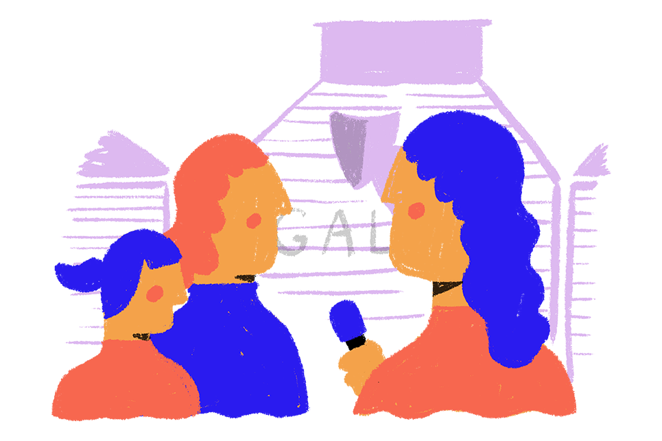 Illustration of people being interviewed by a person with a microphone
