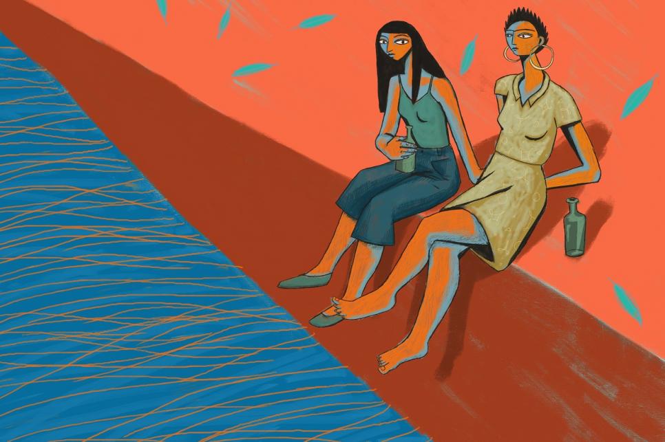 animation showing two women sitting dipping their feet in water