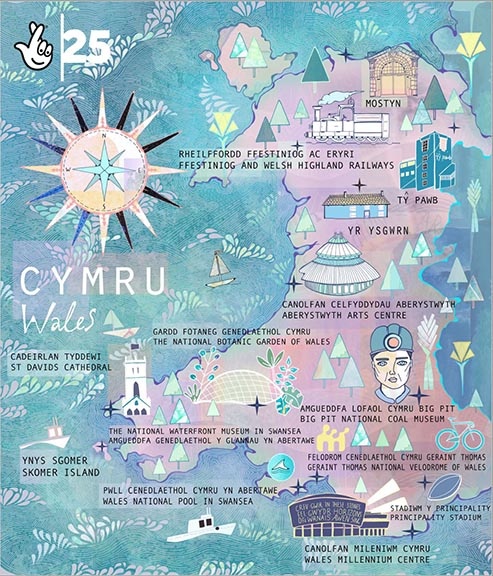 Illustrated map of Wales showing culturally-significant buildings