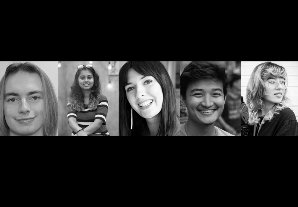 An image of 5 young filmmakers from Cymru and Nepal in black and white. Appearing from left to right is Osian Andrew, Nidhi Raj, Ffion Pritchard, Sudin Bajracharya and Sian Adler.