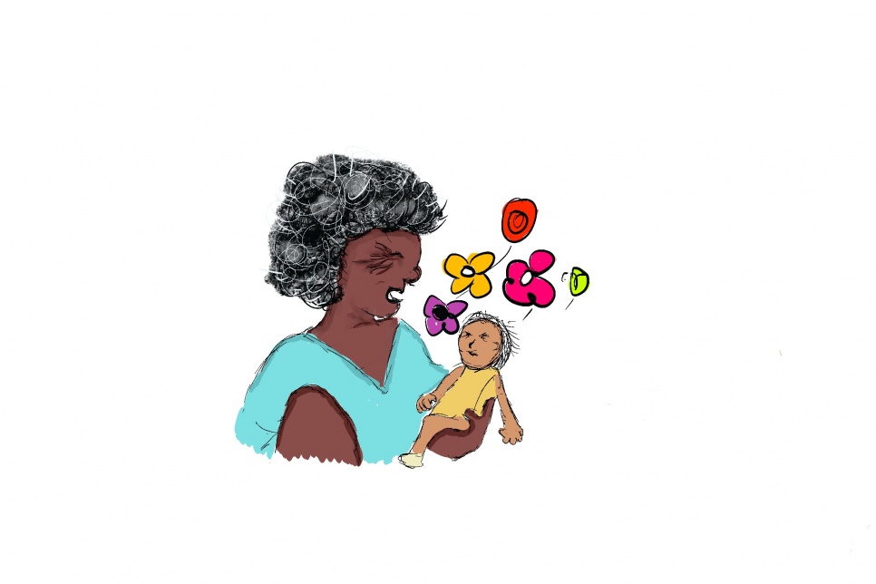 An illustration of a person with greying hair holding a baby. The person is speaking to the baby and flowers come from their mouth as they talk.