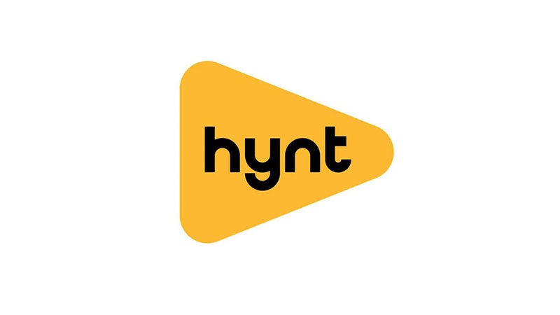 Logo: words HYNT in black on a yellow triangle