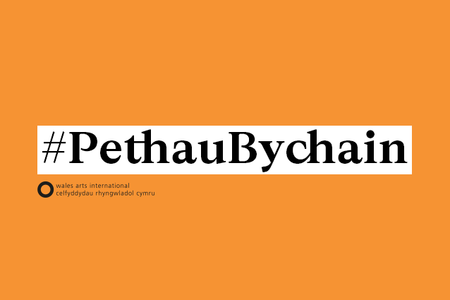 Hastag with the text 'Pethau Bychain' and the Wales Arts International logo on an orange background