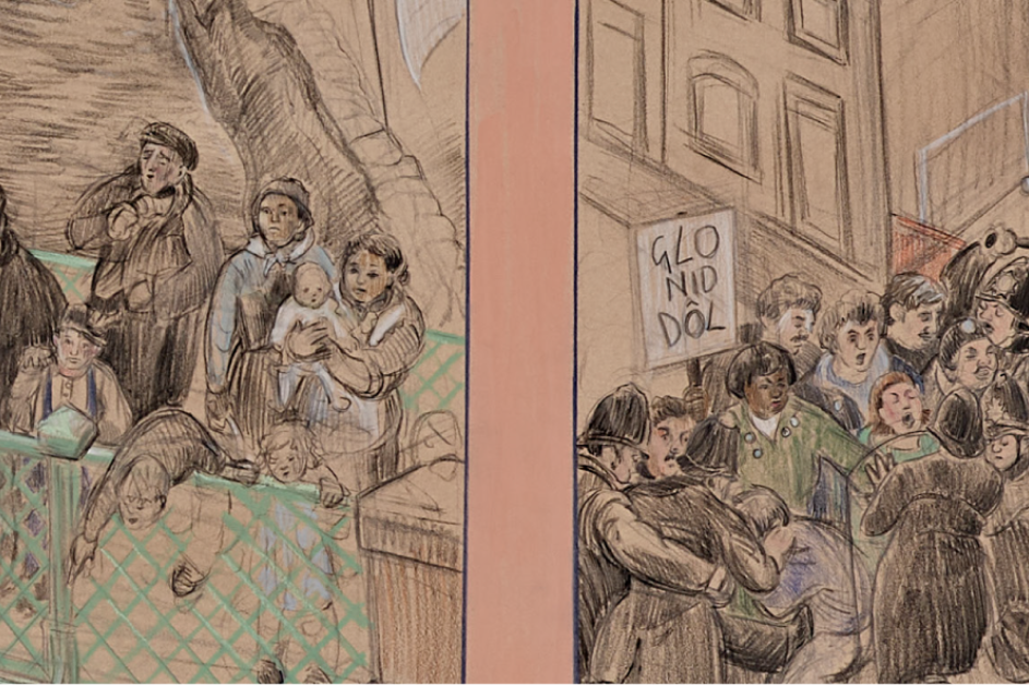 This artistic image is divided into two panels, showcasing a group of people in different scenes. The left panel features individuals on a balcony, with one person holding a baby and others looking at the baby or talking amongst themselves. The right panel depicts a crowd of people attentively looking upwards, positioned in front of a building with text on the wall that reads "GLO NID DOL." The drawing style is reminiscent of pencil sketches with colour wash, enhancing the character's detailed expressions 