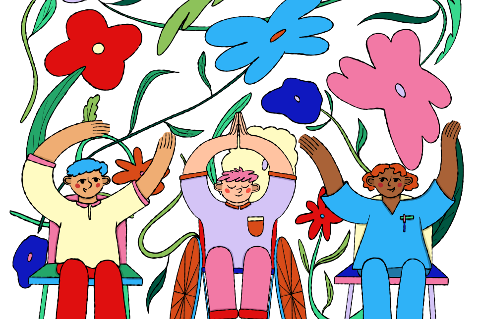 Arts and Health Dancing Illustration Three people with diverse abilities engaging in a colourful floral art project, each sitting on a chair. They are surrounded by large, vibrant flowers and leaves on a dark background.