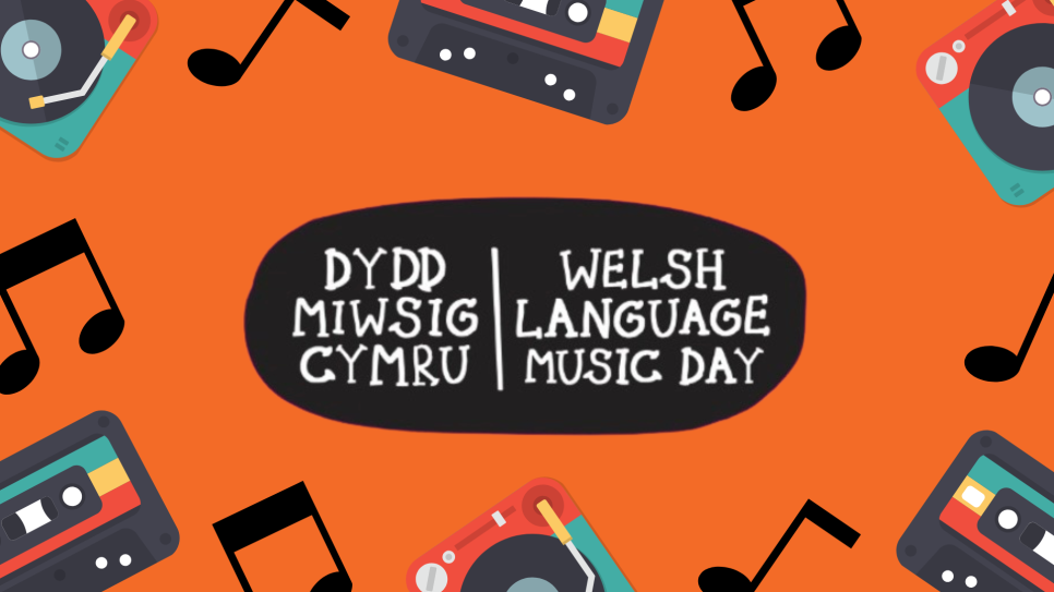 Welsh Language Music Day logo in the centre with music notes and tapes around it on an orange background 