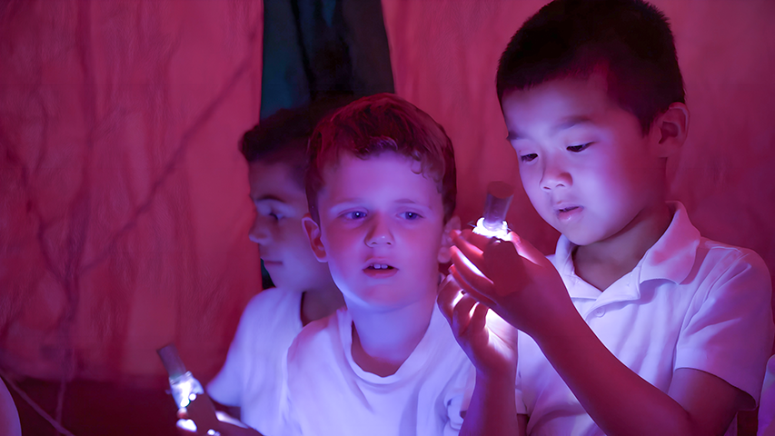 Two schoolchildren taking part in an interactive activity holding a light under a tented canvas