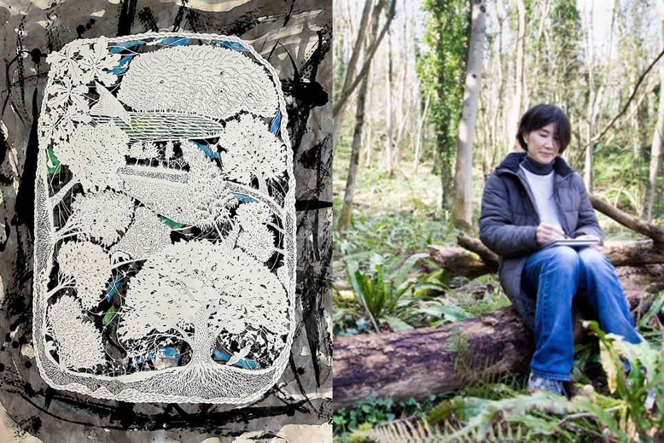 MARI_WIRTH Paper cut artwork on the left, a lady sat in a forest with black bobbed hair, sketching