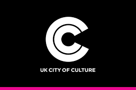 UK City of Culture logo, white letter C on black bagckround