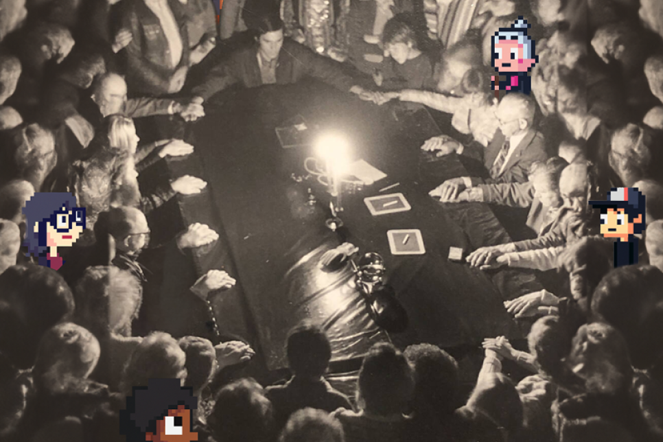 An old image of a séance with digital avatars in the audience. 