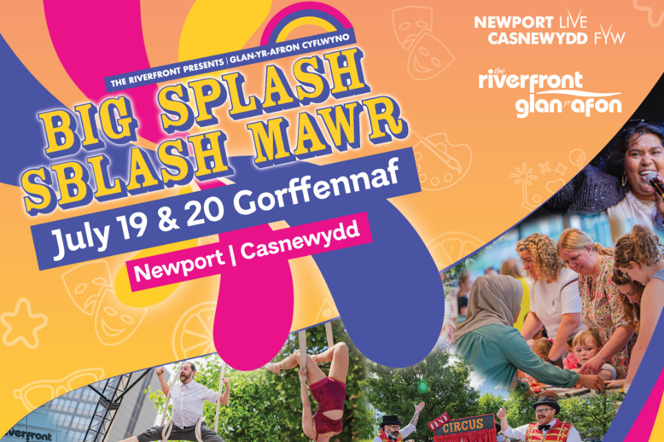 Big Splash logo with July 19 and July 20 dates in Newport / Logo Sblash Mawr gyda dyddiadau 19  a 20 Gorffennaf yng Nghasnewydd