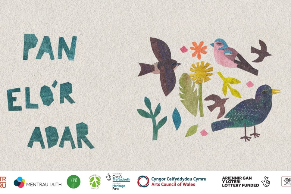Poster of production, with title, illustration of birds and leaves and logos of funders and supporters / Poster o'r cynhyrchiad, gyda theitl, darlun o adar a dail a logos arianwyr a chefnogwyr