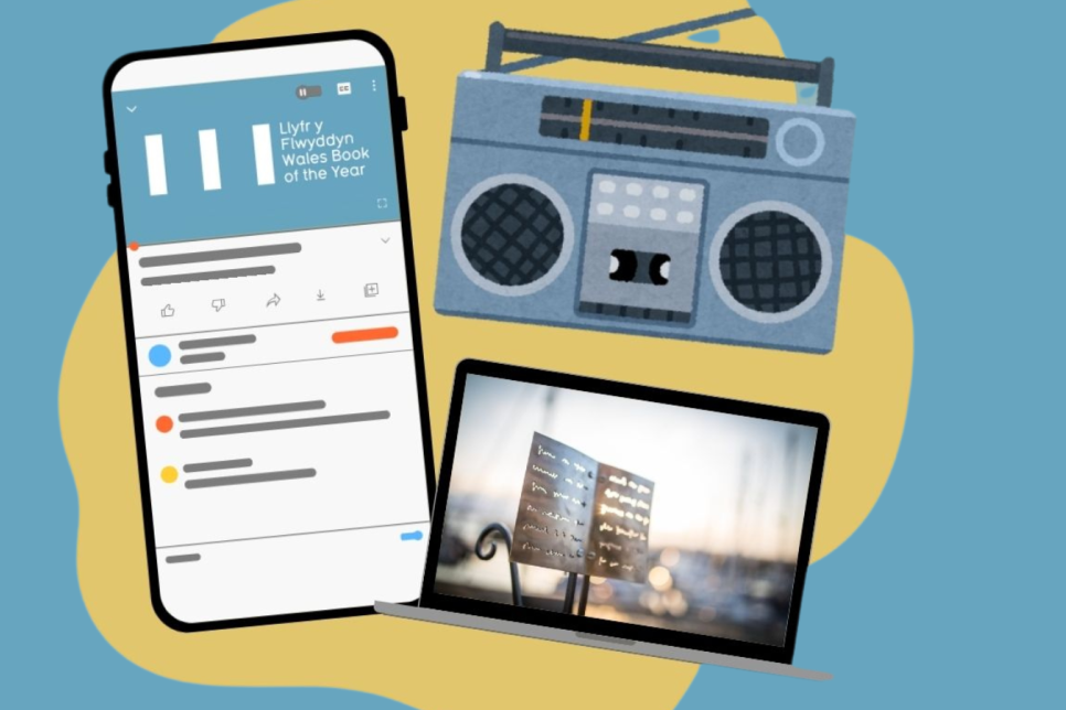 Delwedd o ffôn, radio a gliniadur ar gefndir melyn a glas / Image of a phone, radio and laptop on a yellow and blue background