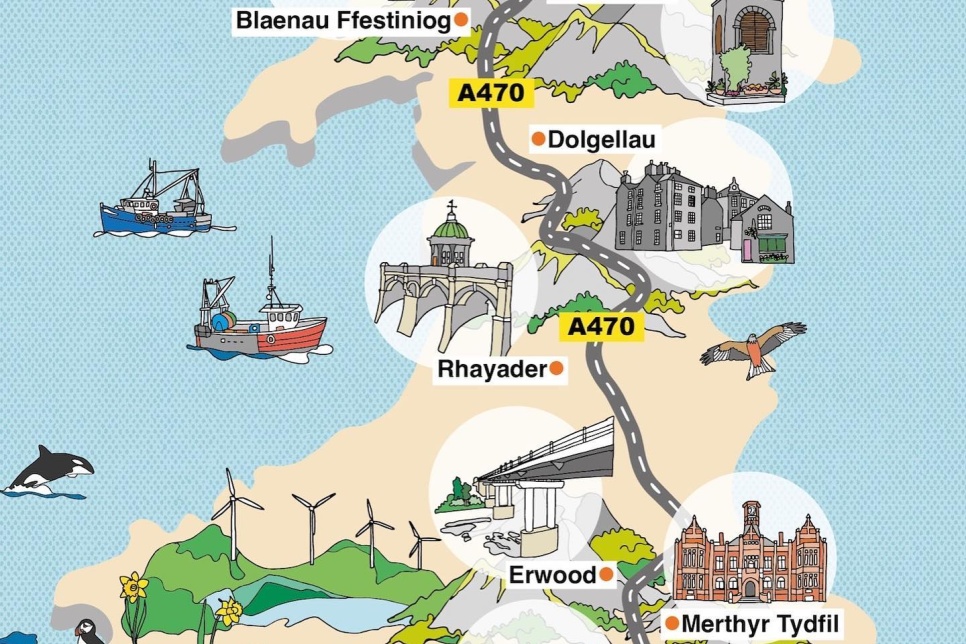 Illustration of a map of Wales