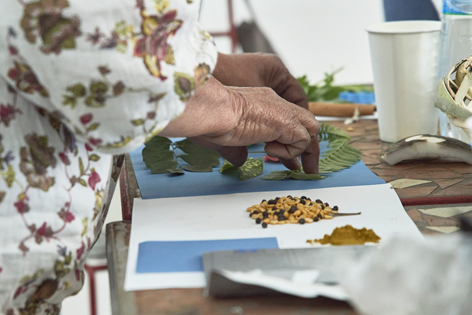 A woman places dried yellow flowers and green leaves on top of blue cyanotype paper.