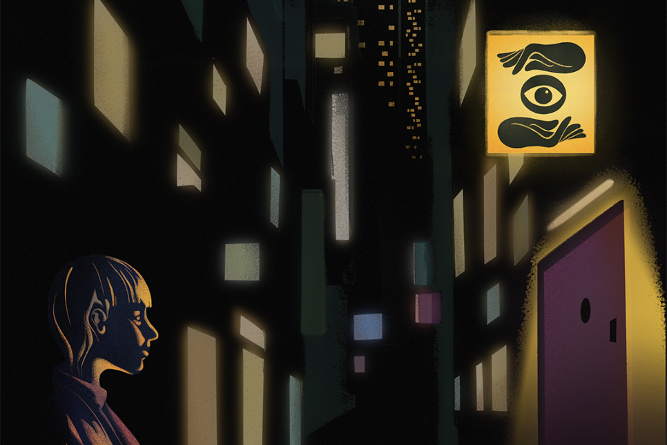 Image - an illustration of a person standing next to buildings in the dark with illuminated windows / Delwedd - Dyluniad o berson yn sefyll ar bwys adeiladau yn y tywyllwch gyda ffenestri wedi eu goleuo 