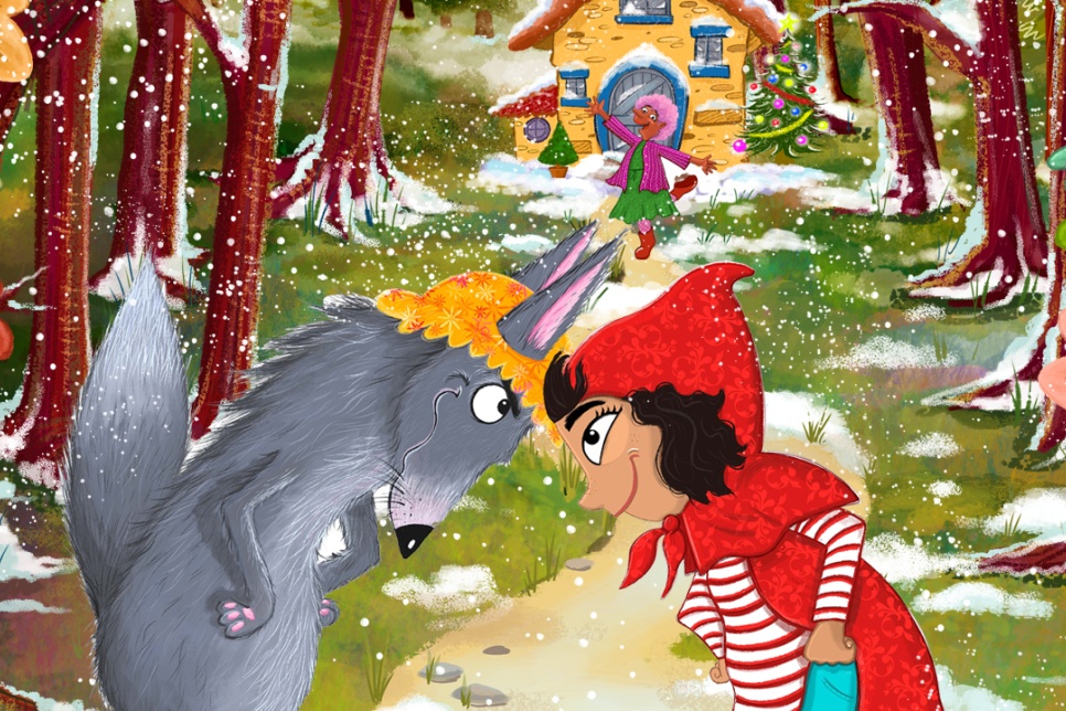 A cartoon image of a scene from Little Red Riding Hood  / Dyluniad cartŵn o olygfa o Yr Hugan Fach Goch