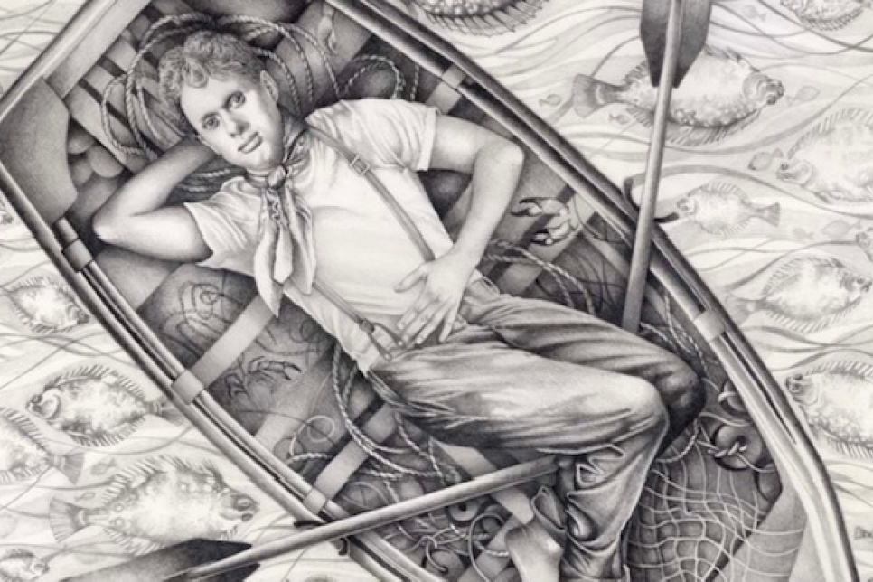 Drawing of Dylan Thomas lying down in a boat / Darlun o Dylan Thomas yn gorwedd lawr mewn cwch 