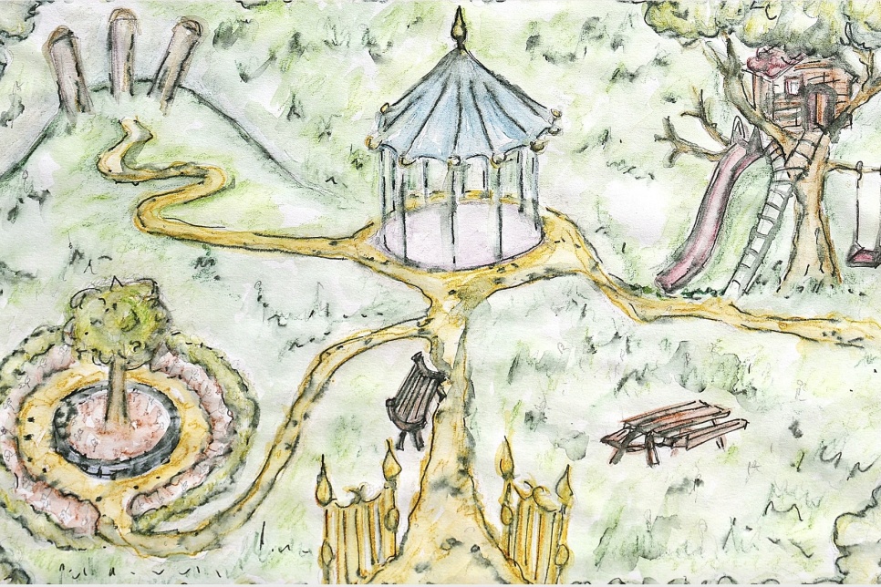 A watercolour drawing of an imaginary park with many areas to relax, play and meet