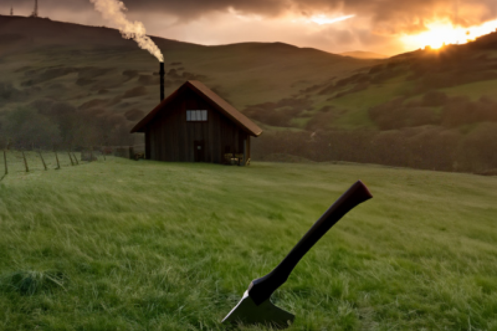 A house in the mountains and an axe in the ground