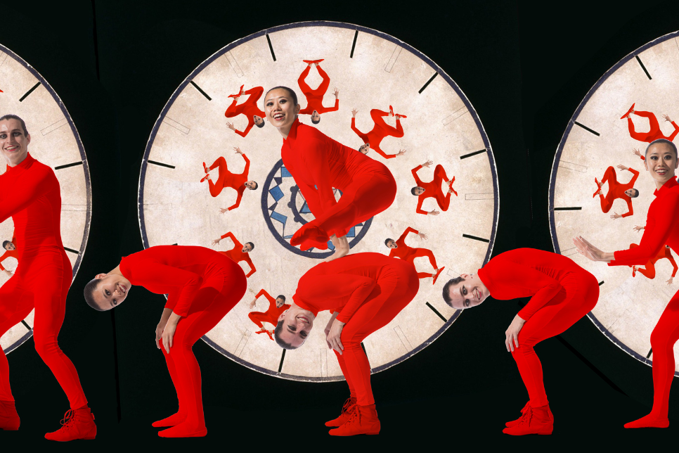 Dancers dressed in red leotards 
